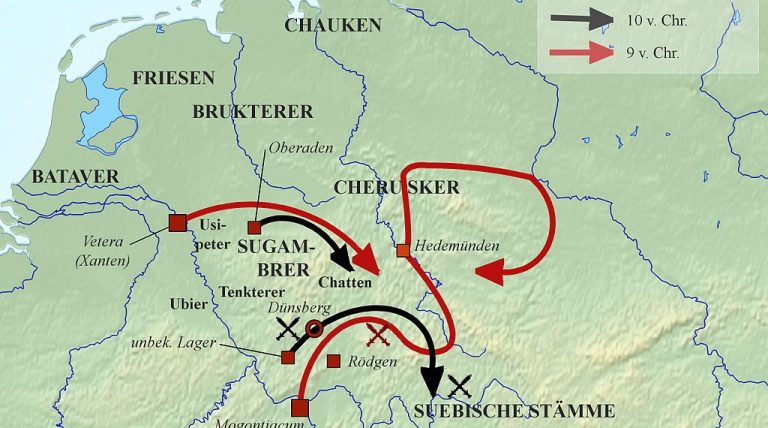 Die Feldzüge des Drusus in den Jahren 10 und 9 vor Christus. Abb.:Bernd Preiss - Eigenes Werk, CC BY-SA 4.0,